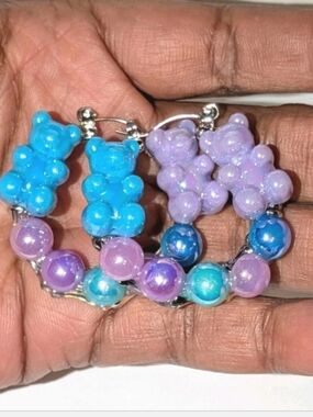 Handmade Blue & Lavender Gummy Bear Hoop Earrings - Women Jewelry